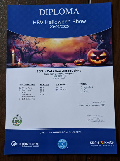 20-9-2025 HRV Halloween Show, Genk (Be) Diploma
